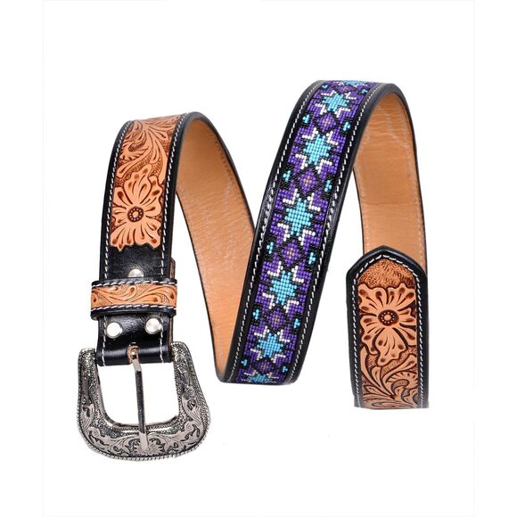 1187 Western Tooled Leather Beaded Belt For Men And Women main image 4